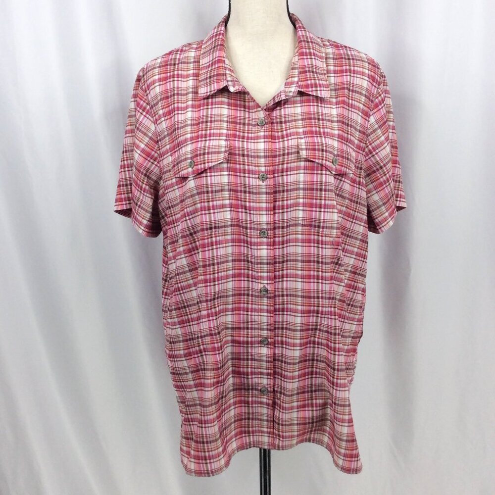 Eddie Bauer Travex Top Women Size 2XL Pink Plaid Vented Short Sleeve Button Down